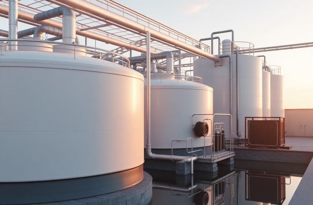 Modern waste treatment plant with white tanks