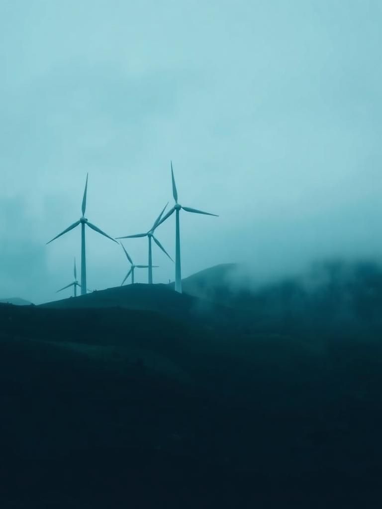 Wind turbines on a foggy hill