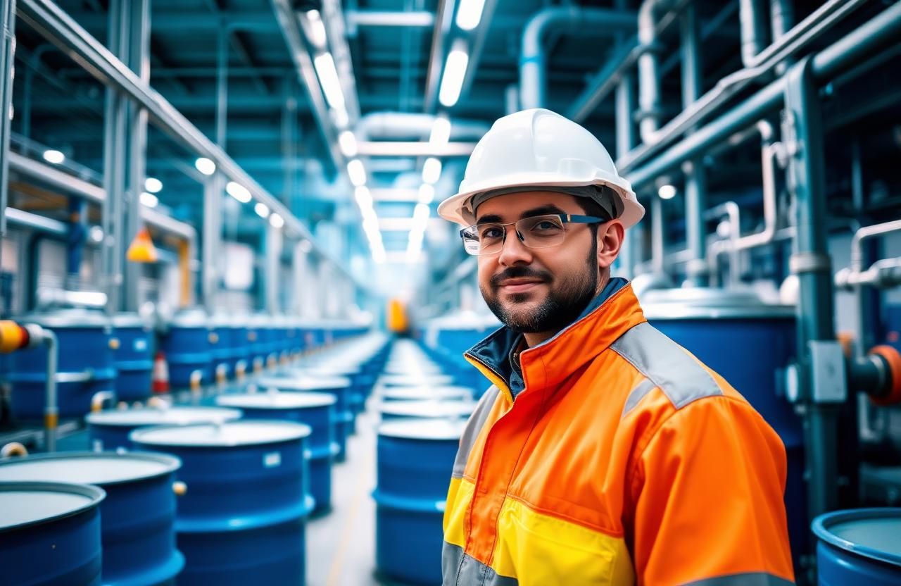 Industrial worker beside chemical storage drums